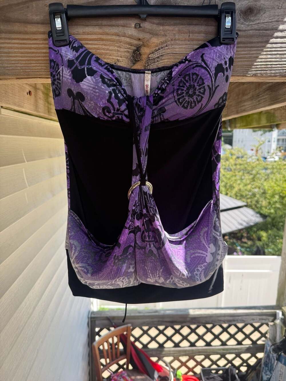Y2K YoYo 5 Purple & Black Damask Print Halter Tube Top with O-Ring